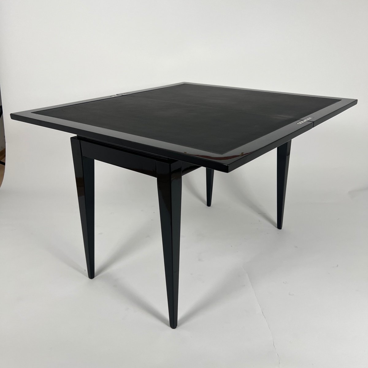 Art Deco Game Table, Black Lacquer, Red And Black Leather, France Circa 1930-photo-7