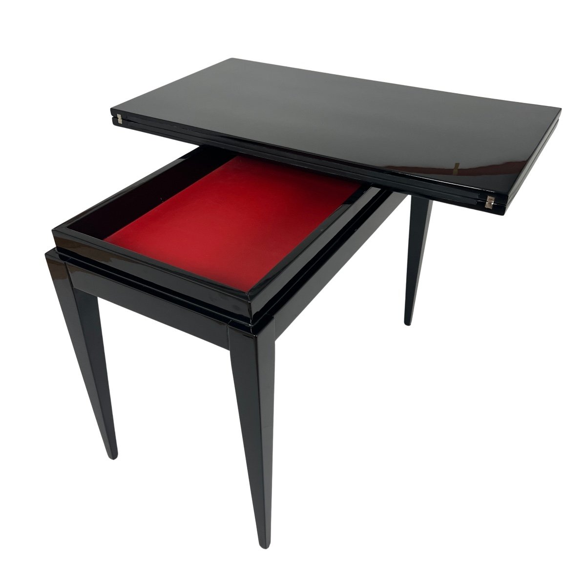 Art Deco Game Table, Black Lacquer, Red And Black Leather, France Circa 1930