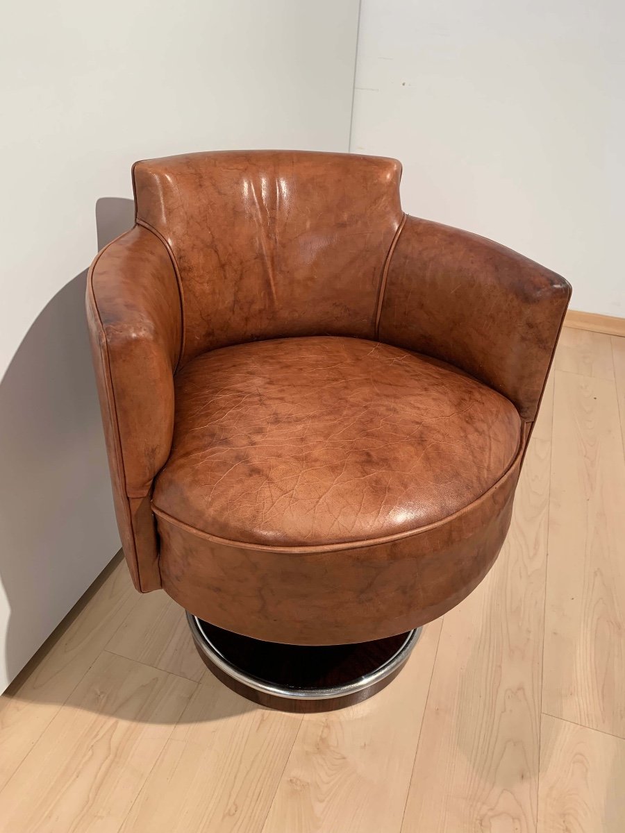 Fauteuil Pivotant Art Déco, De Coene Freres, Cuir, Palissandre, France Vers 1930-photo-5