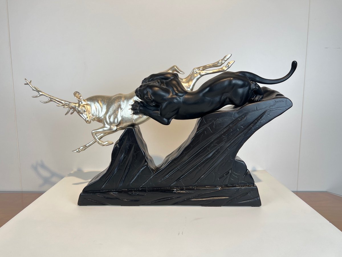 Sculpture Art Déco Cerf Et Panthère Par Irènee Rochard, Or Blanc, Laque, France Circa 1930-photo-2