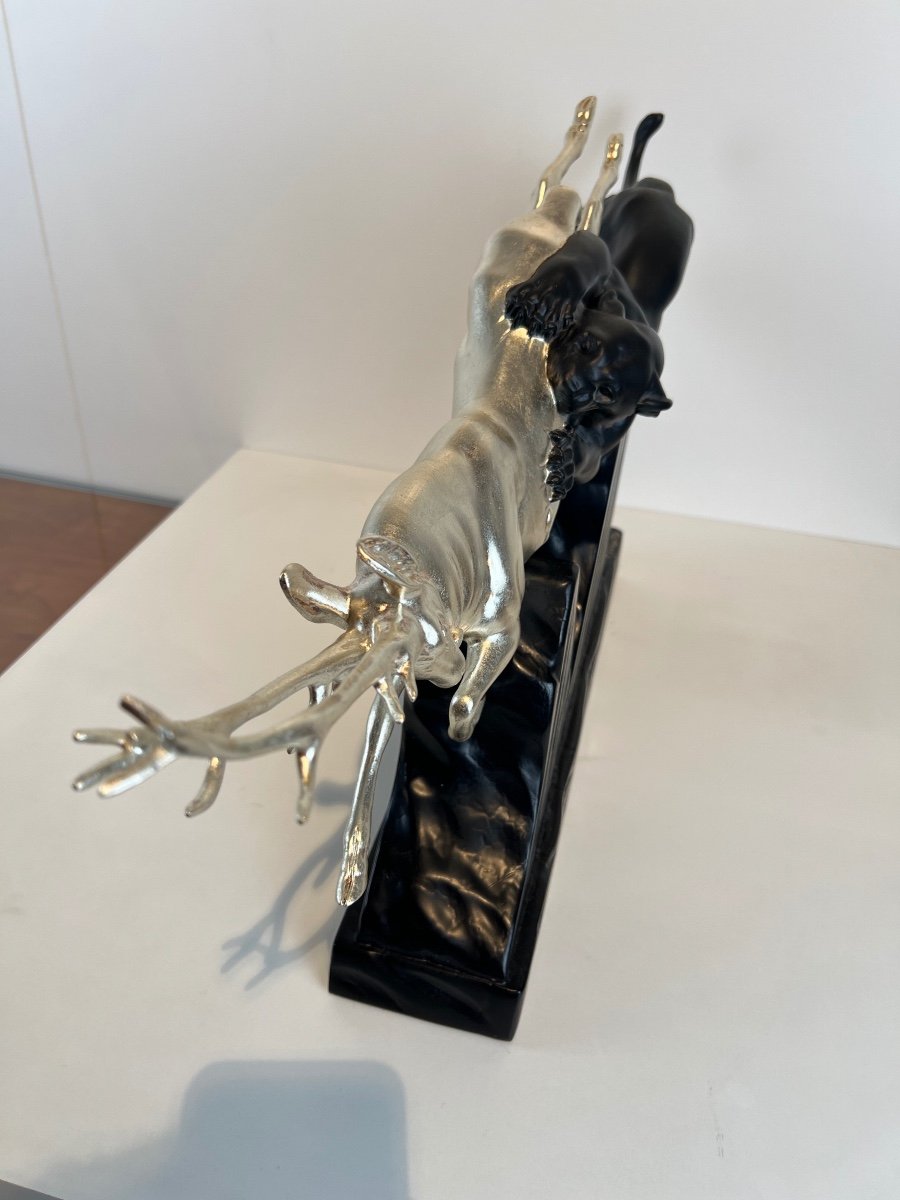Sculpture Art Déco Cerf Et Panthère Par Irènee Rochard, Or Blanc, Laque, France Circa 1930-photo-3