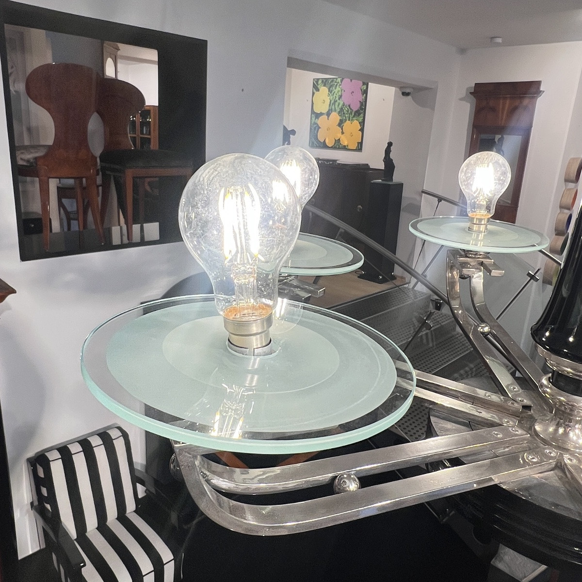 Lustre Art Déco, Laque Noire, Chrome, Verre, France Vers 1930-photo-7