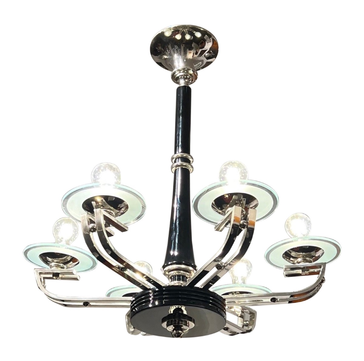 Lustre Art Déco, Laque Noire, Chrome, Verre, France Vers 1930