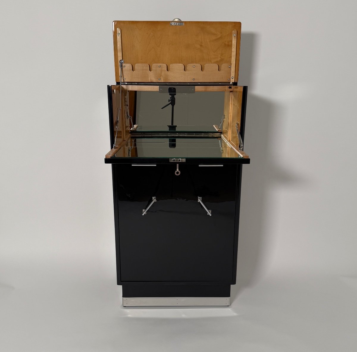 Art Deco Swivel Bar, Black Lacquer, Maple, Chrome, France Circa 1930-photo-3
