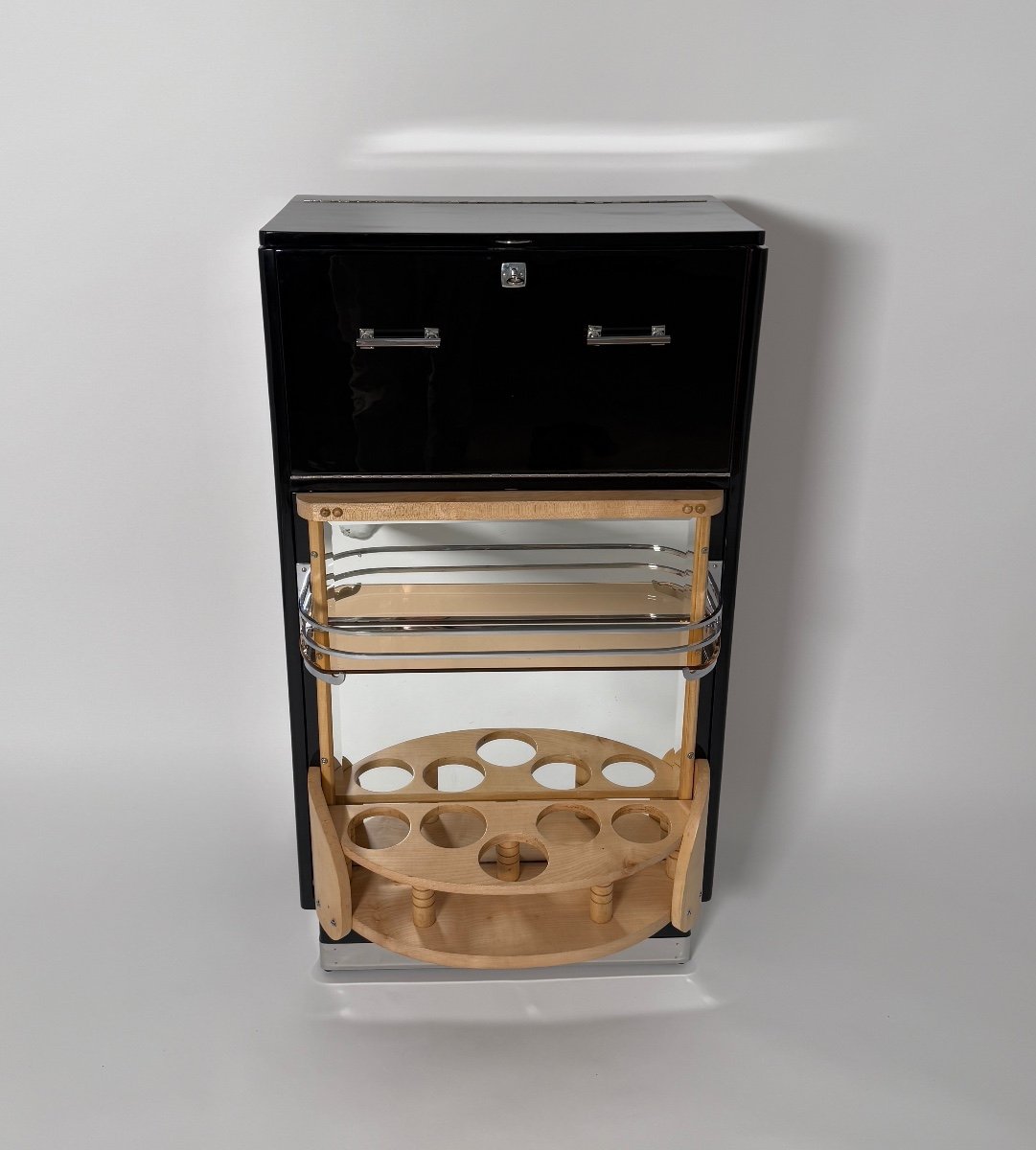 Art Deco Swivel Bar, Black Lacquer, Maple, Chrome, France Circa 1930-photo-3