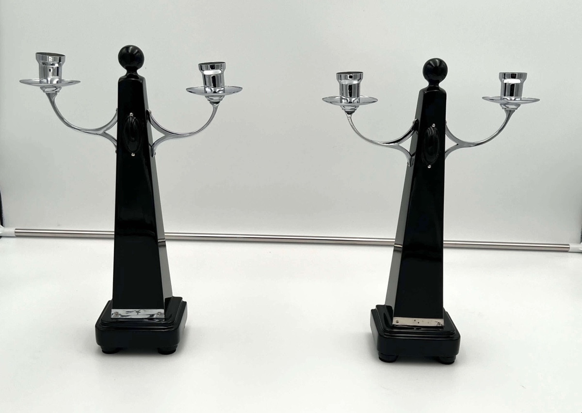 Pair Of Art Deco Candlesticks, Black Lacquer, Nickel, Netherlands Circa 1930-photo-2