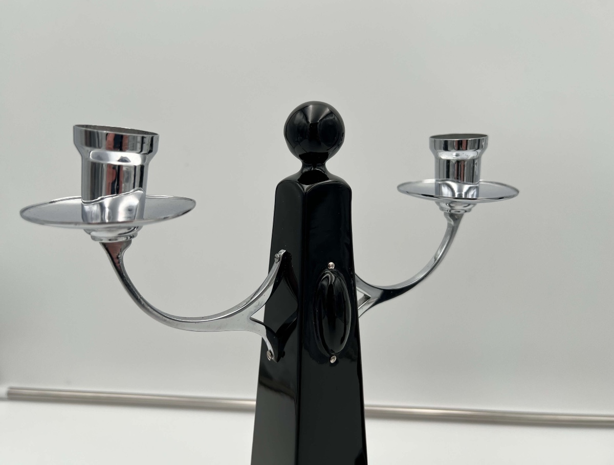 Pair Of Art Deco Candlesticks, Black Lacquer, Nickel, Netherlands Circa 1930-photo-3