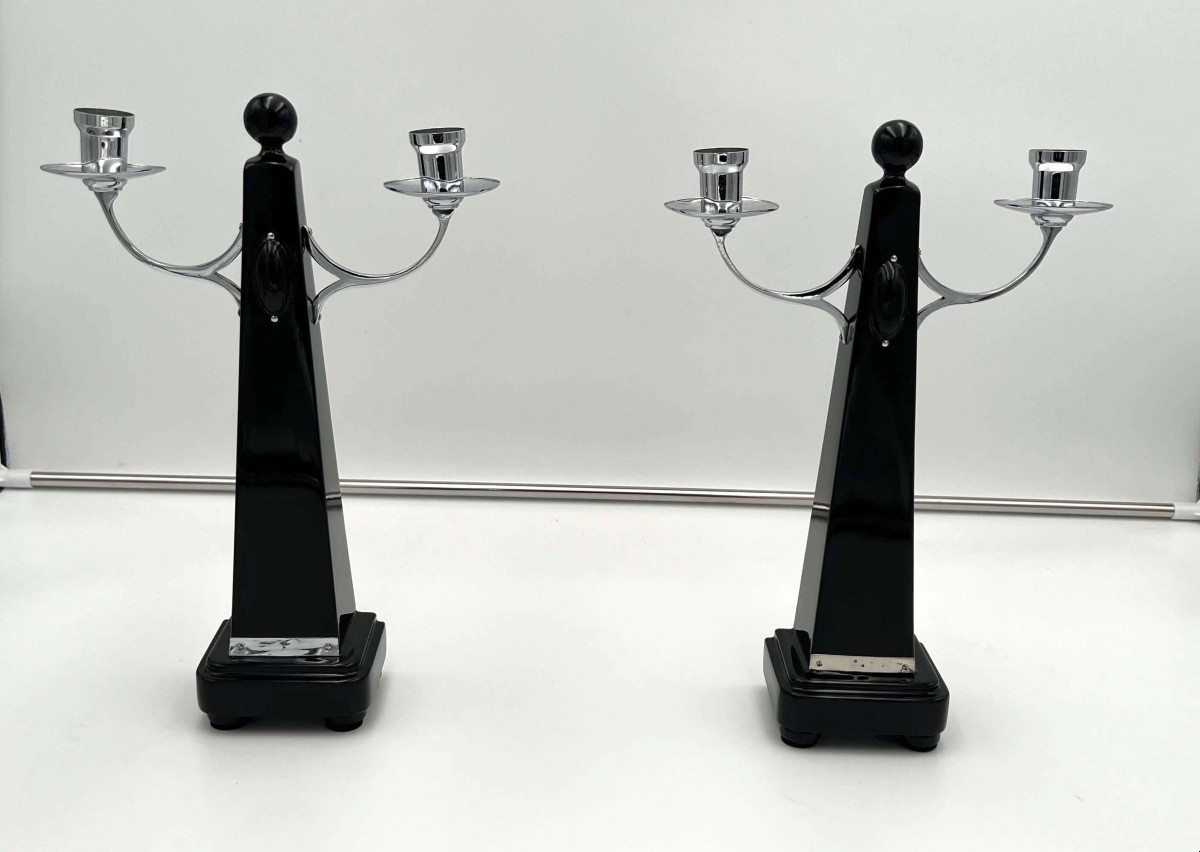 Pair Of Art Deco Candlesticks, Black Lacquer, Nickel, Netherlands Circa 1930-photo-1