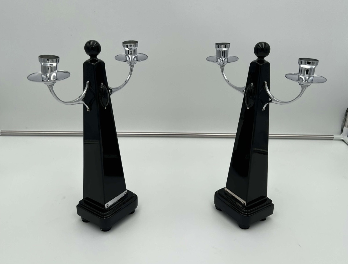 Pair Of Art Deco Candlesticks, Black Lacquer, Nickel, Netherlands Circa 1930-photo-3