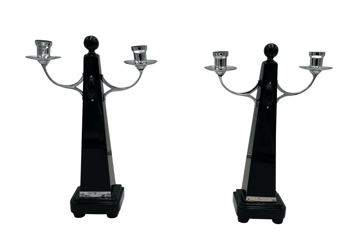 Pair Of Art Deco Candlesticks, Black Lacquer, Nickel, Netherlands Circa 1930