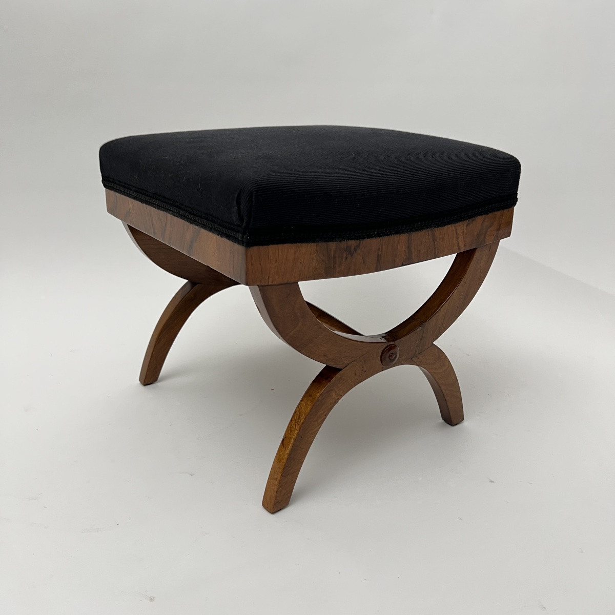 Biedermeier Scissor Stool, Walnut, Black Fabric, South Germany Circa 1825-photo-3