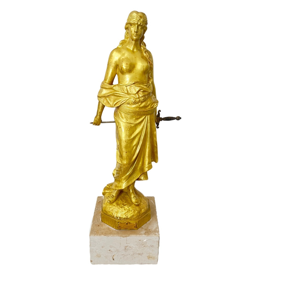 Sculpture Jugendstil 'Judith', Signée E. Tell, Bronze Doré, Autriche Vers 1910