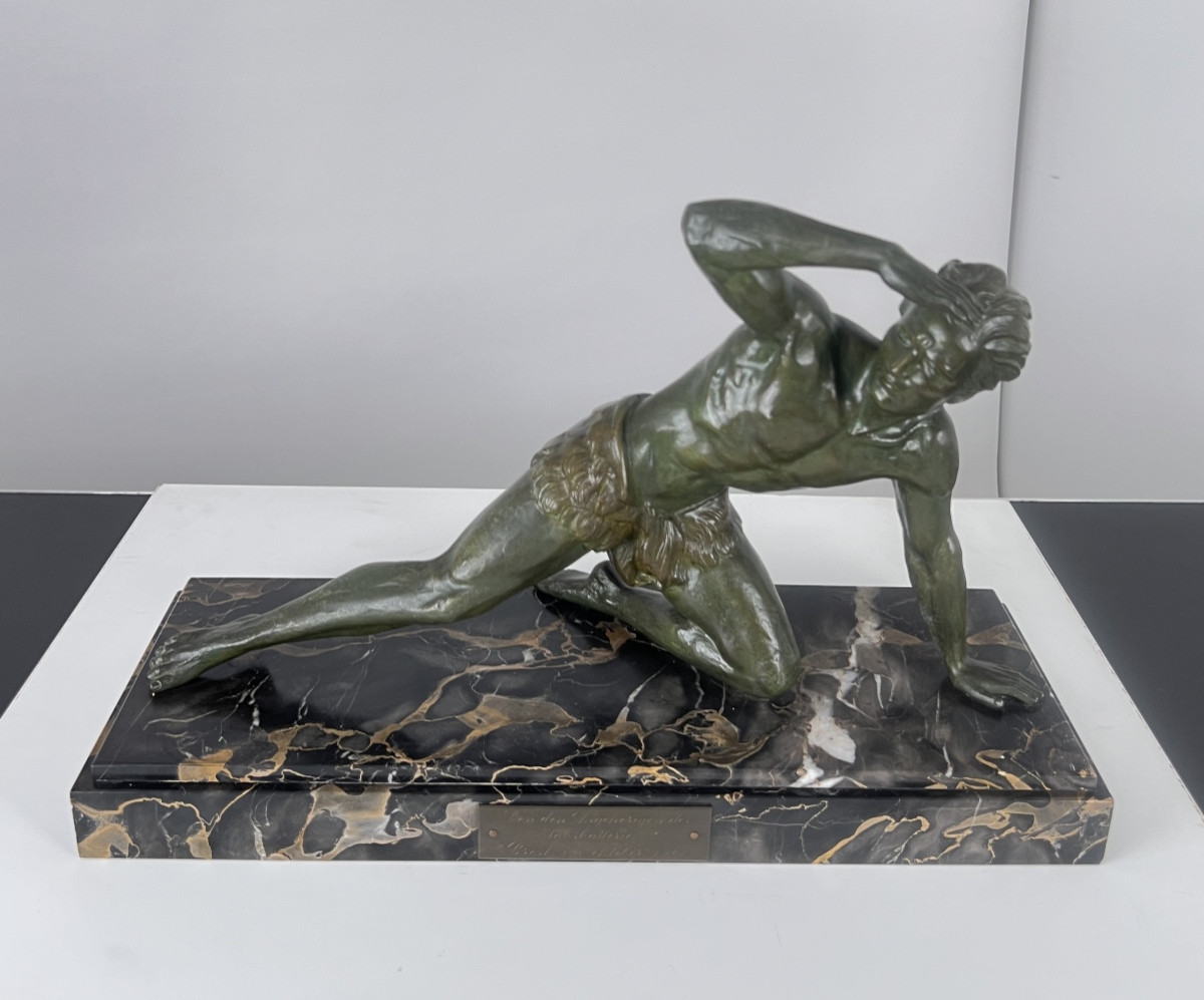 Art Deco Sculpture By Jean De Roncourt, Bronze, Marble, France Circa 1930-photo-3