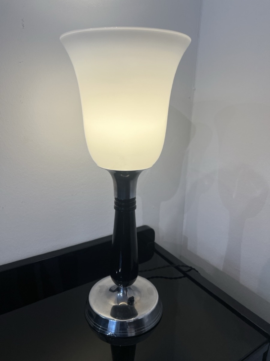 Petite lampe de table Art déco, laque noire et chrome, verre, France vers 1930-photo-4