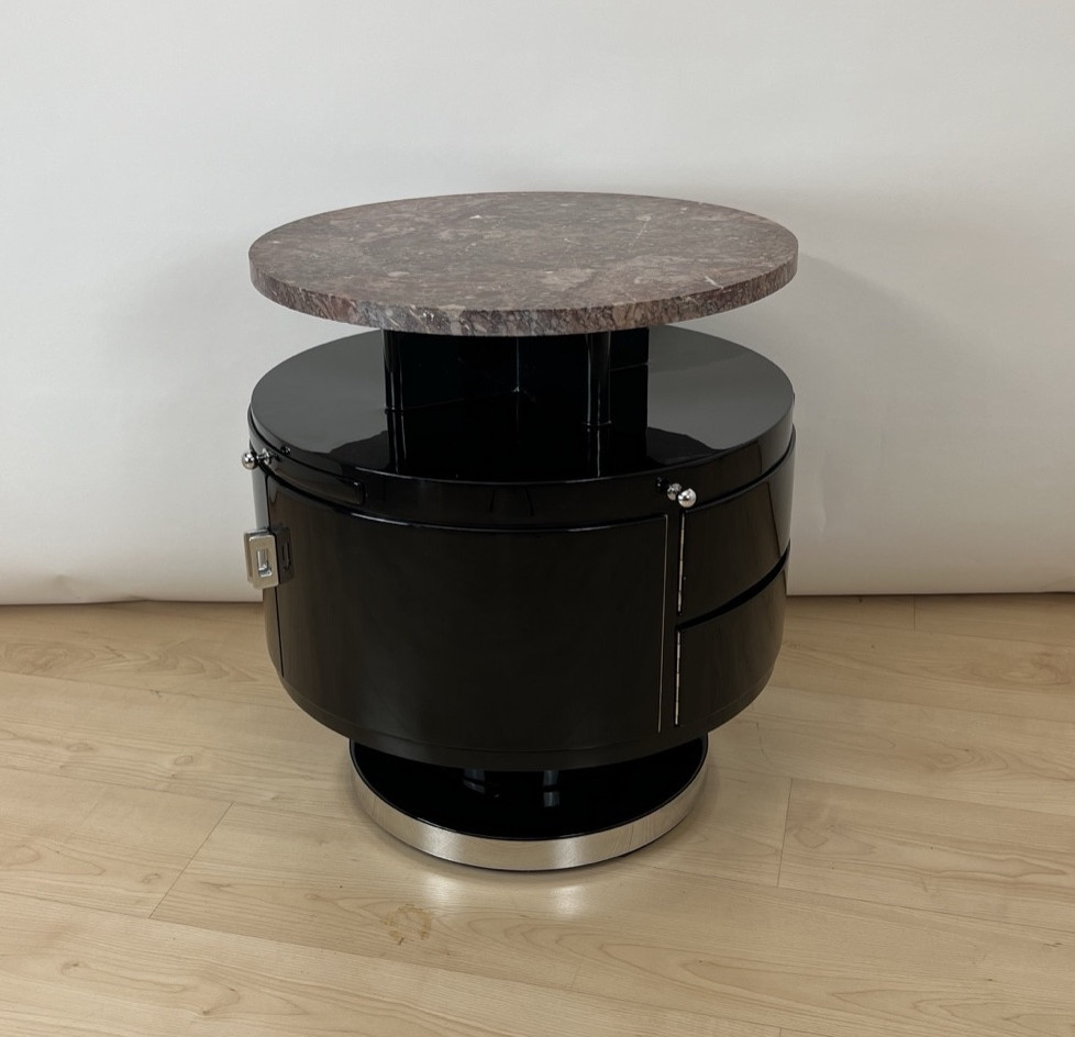 Table d'appoint ronde tournante Art Déco, laque noire, marbre, France vers 1930-photo-2