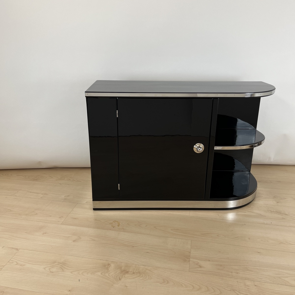 Art Deco Low Sideboard, Black Lacquer, Metal, France Circa 1930-photo-3