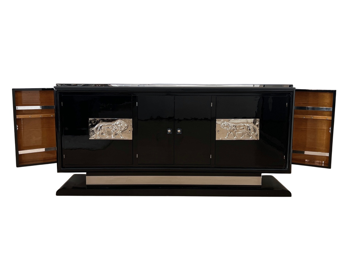 Art Deco Sideboard With Lion Appliques, Black Lacquer And Chrome, France Circa 1930