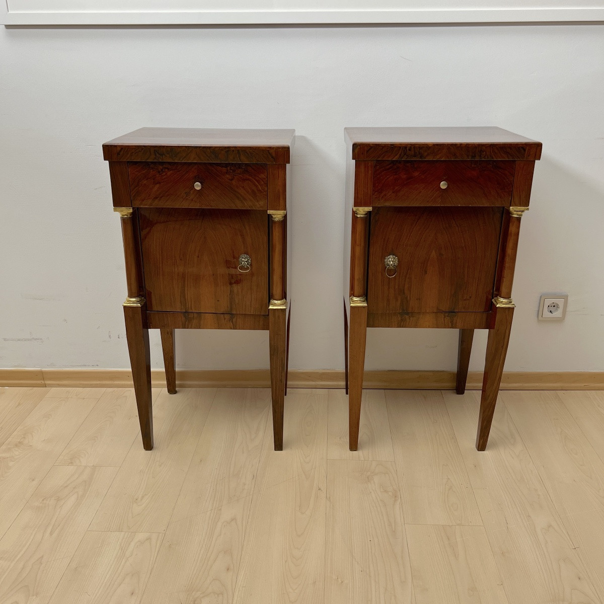 Empire Bedside Tables, Walnut, Columns, Brass, Italy, Circa 1810-photo-2