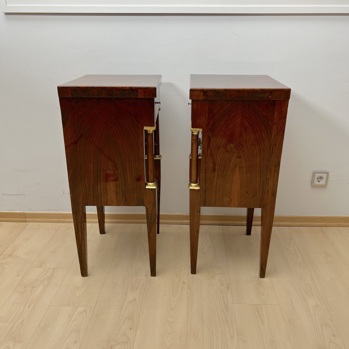 Empire Bedside Tables, Walnut, Columns, Brass, Italy, Circa 1810-photo-3