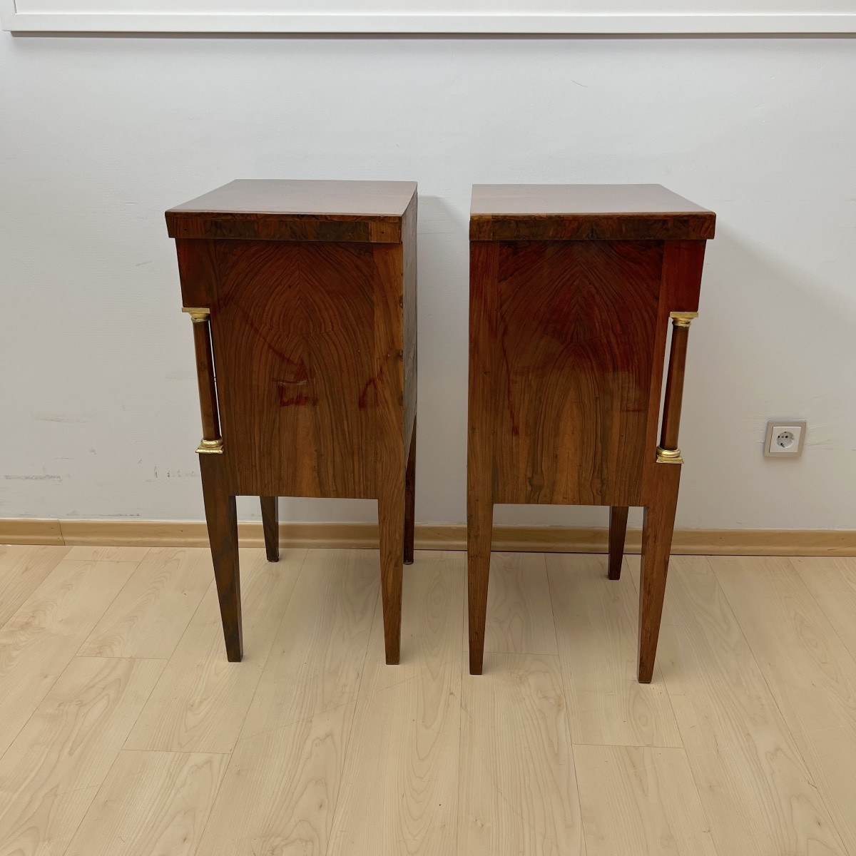 Empire Bedside Tables, Walnut, Columns, Brass, Italy, Circa 1810-photo-4