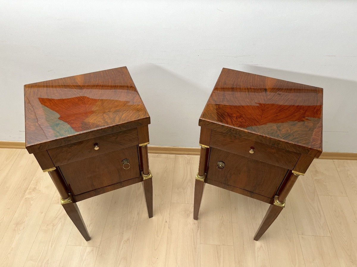 Empire Bedside Tables, Walnut, Columns, Brass, Italy, Circa 1810-photo-3