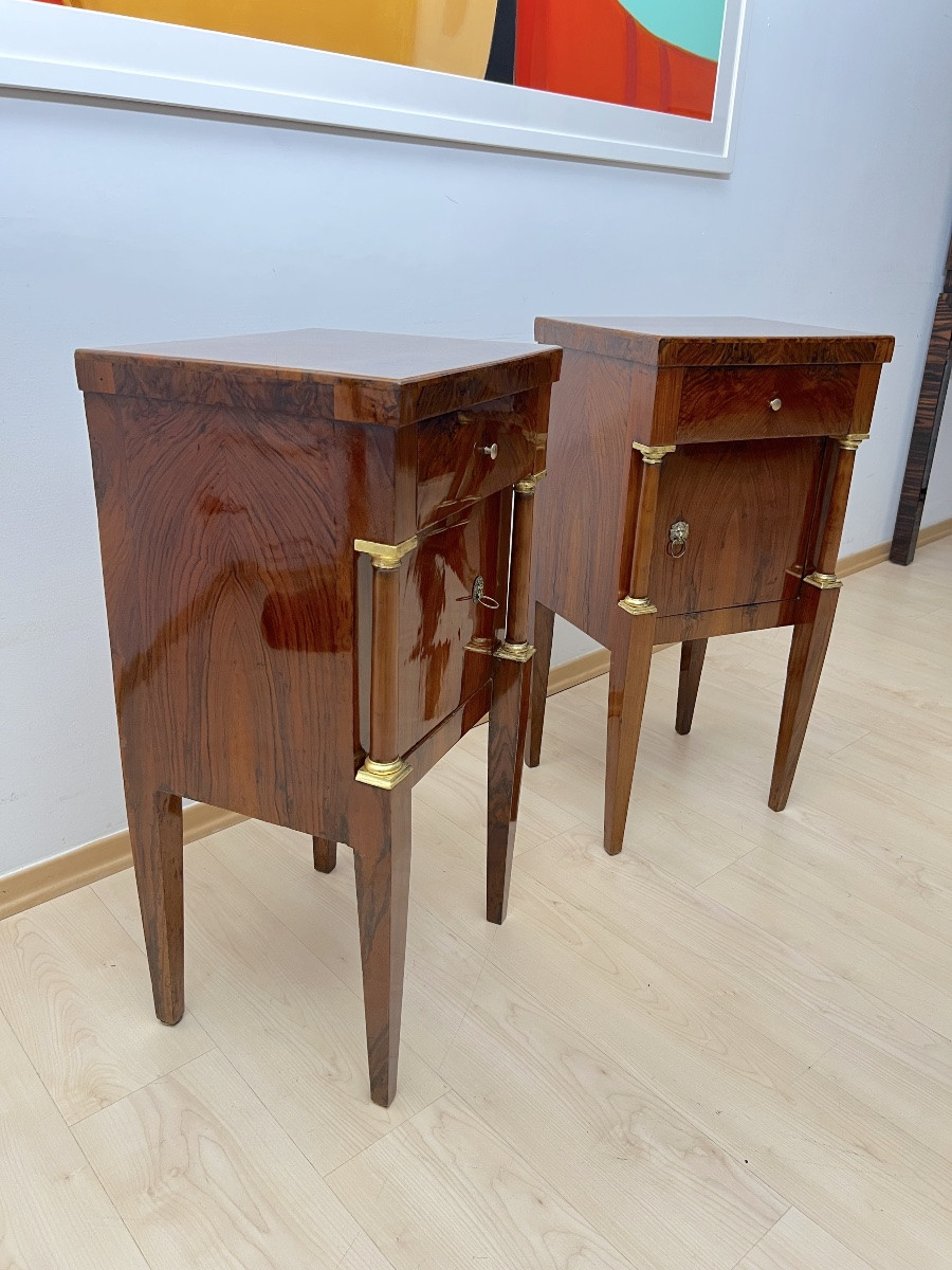 Empire Bedside Tables, Walnut, Columns, Brass, Italy, Circa 1810-photo-4
