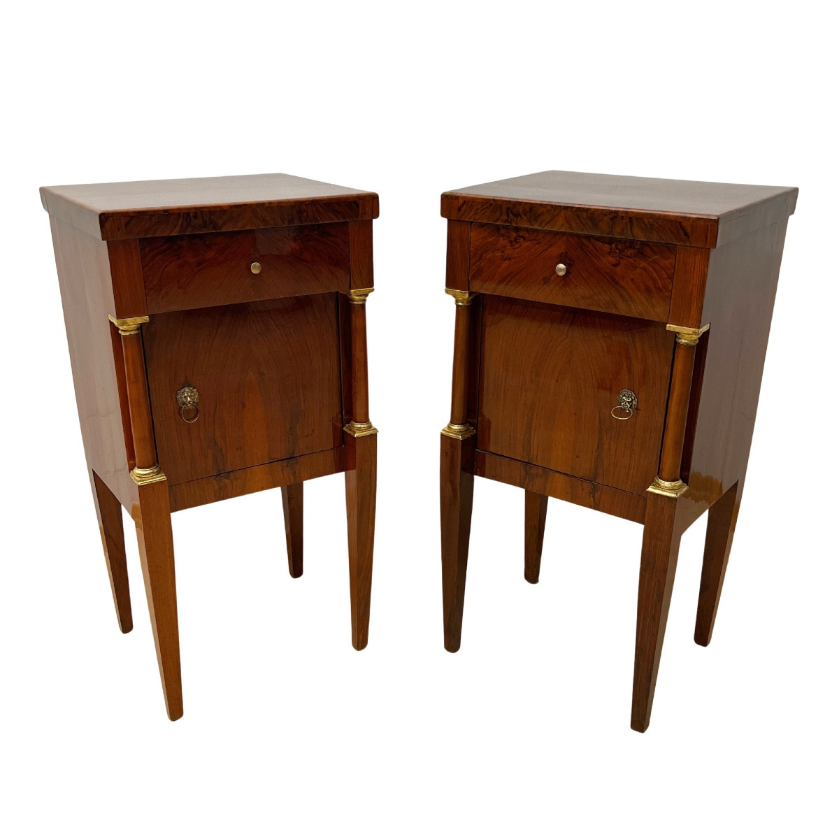 Empire Bedside Tables, Walnut, Columns, Brass, Italy, Circa 1810