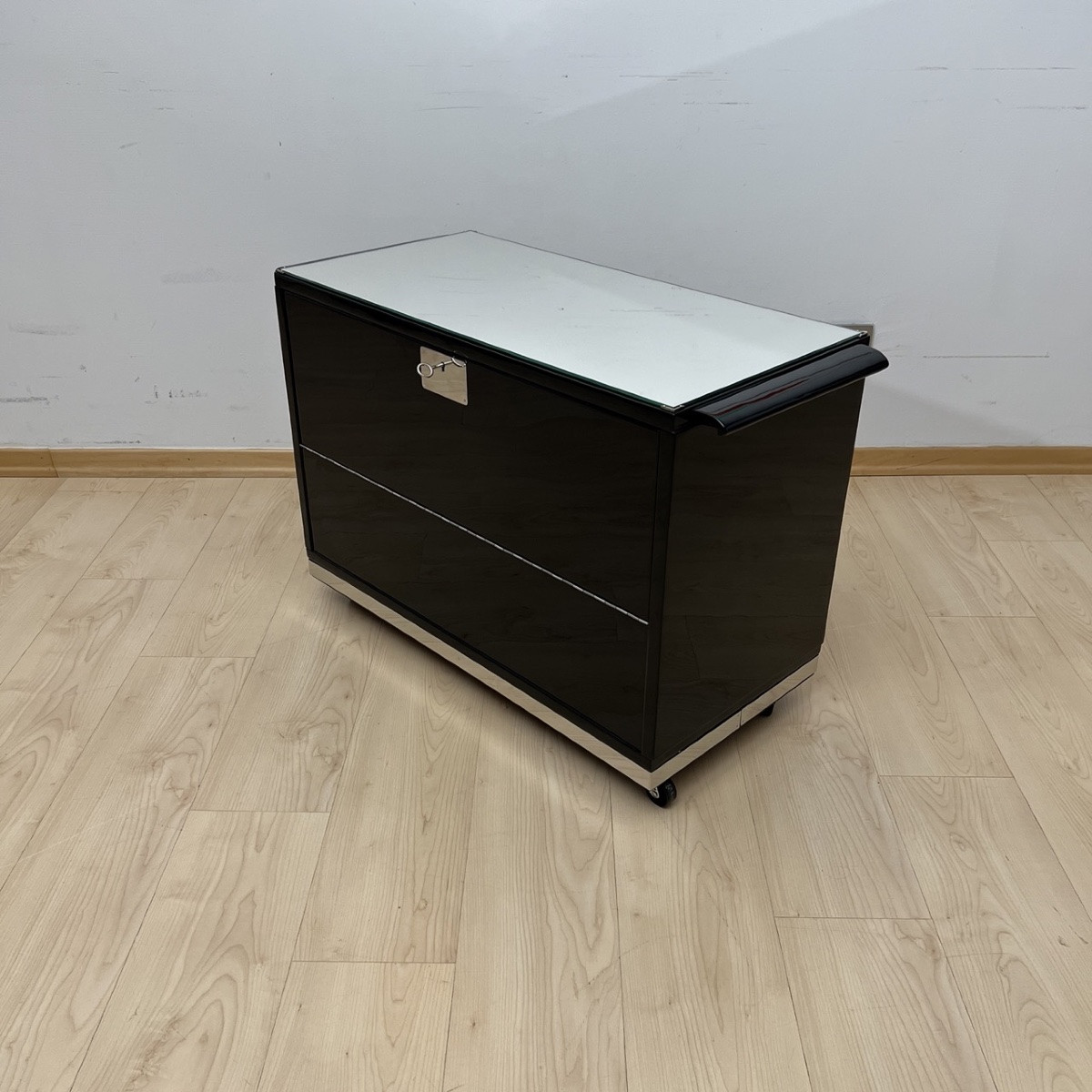 Art Deco Bar Cart, Piano Black Lacquer, Mahogany, Mirror, France, Circa 1930-photo-3