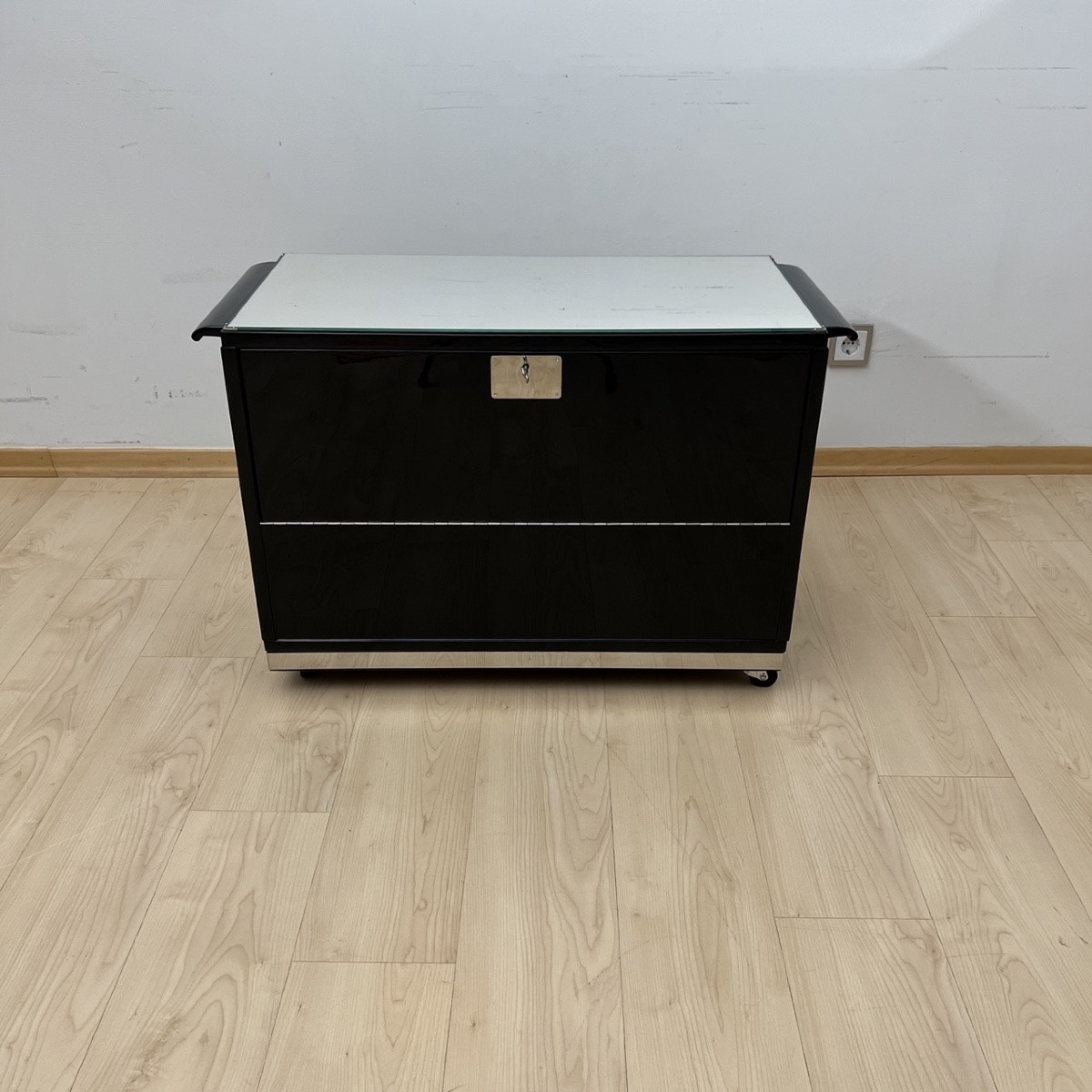 Art Deco Bar Cart, Piano Black Lacquer, Mahogany, Mirror, France, Circa 1930-photo-4