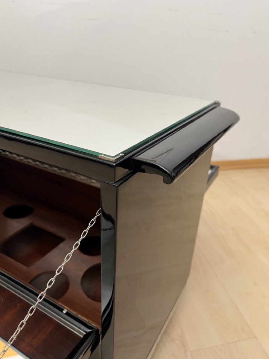 Art Deco Bar Cart, Piano Black Lacquer, Mahogany, Mirror, France, Circa 1930-photo-3