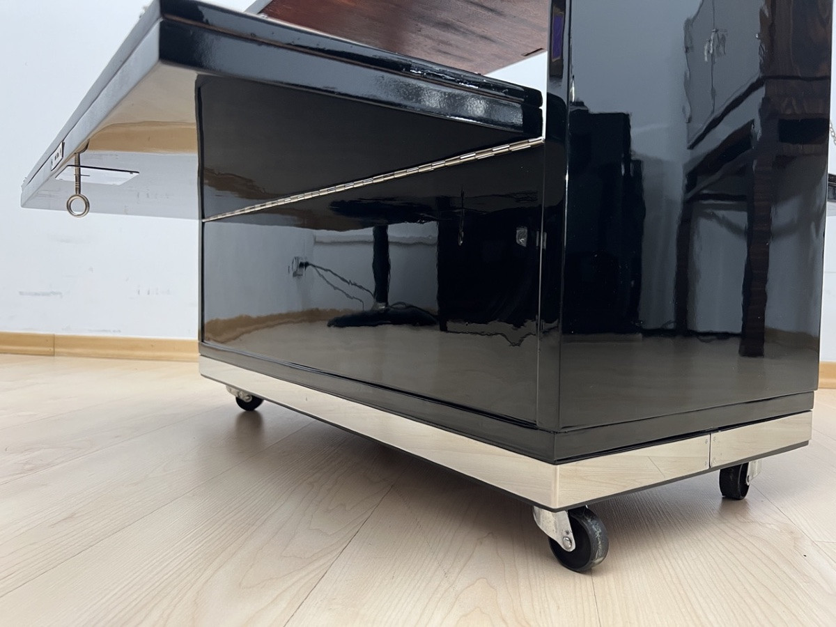 Art Deco Bar Cart, Piano Black Lacquer, Mahogany, Mirror, France, Circa 1930-photo-5
