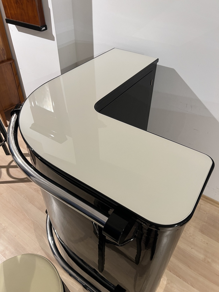 Bar d'angle Art déco avec 4 tabourets, laque noire, verre et cuir crème, France, vers 1930-photo-4