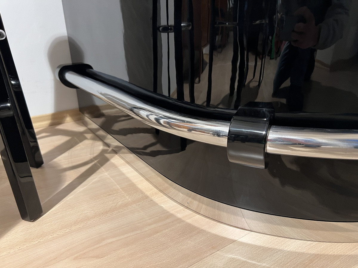 Bar d'angle Art déco avec 4 tabourets, laque noire, verre et cuir crème, France, vers 1930-photo-6