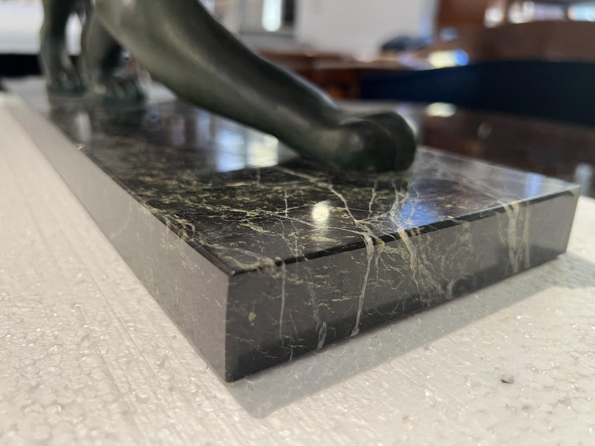 Panthère Art déco en bronze et marbre, signée Secondo, France, vers 1930-photo-7