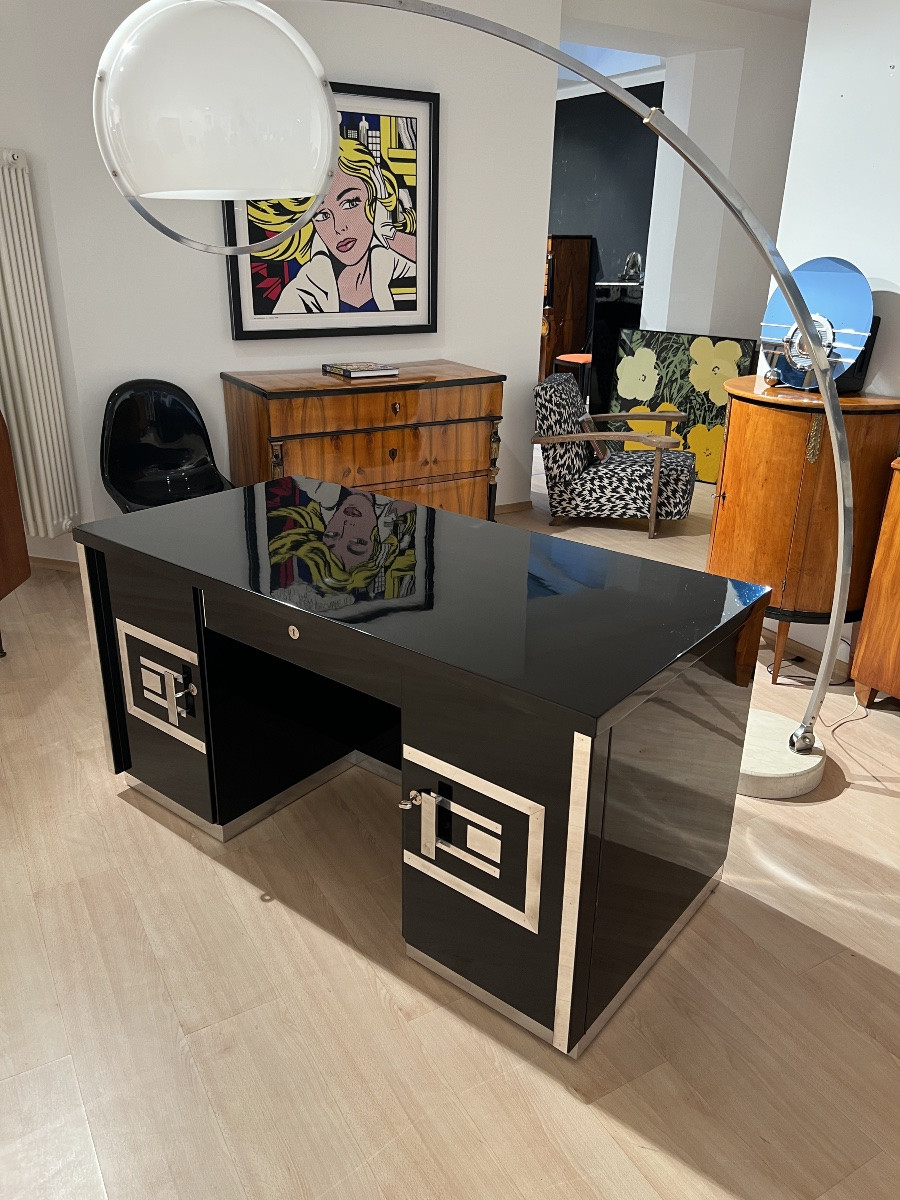 Art Deco Desk, Black Lacquer, Walnut, Metal, France, Circa 1930/40-photo-2