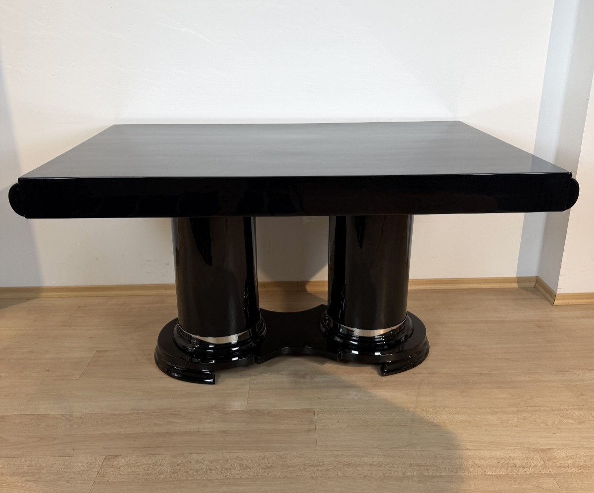 Art Deco Dining Table, Black Lacquer, Metal, France, Circa 1930-photo-2