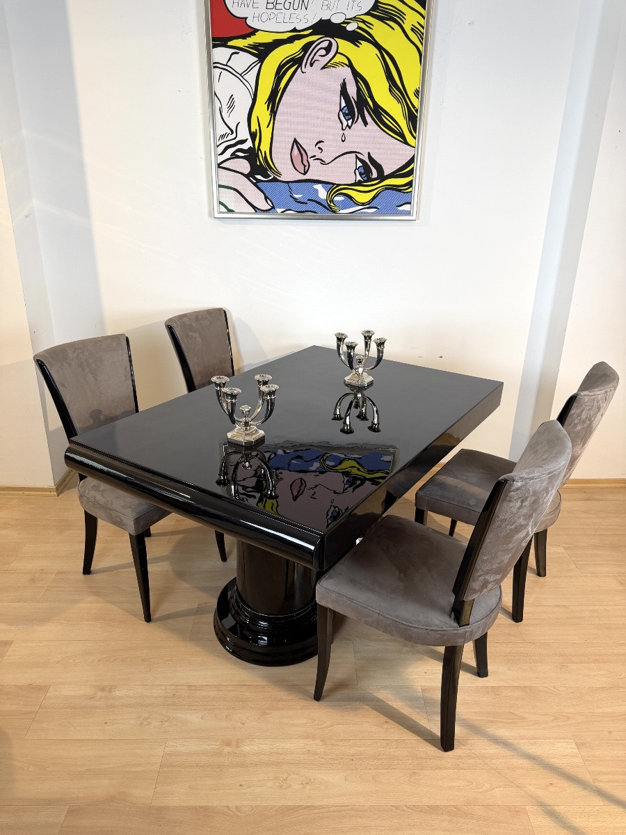 Art Deco Dining Table, Black Lacquer, Metal, France, Circa 1930-photo-8