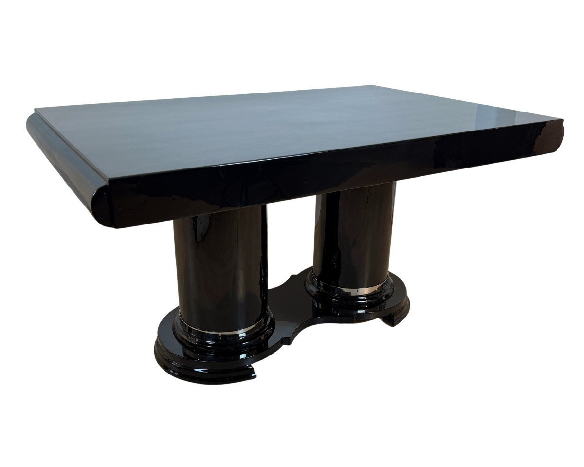 Art Deco Dining Table, Black Lacquer, Metal, France, Circa 1930