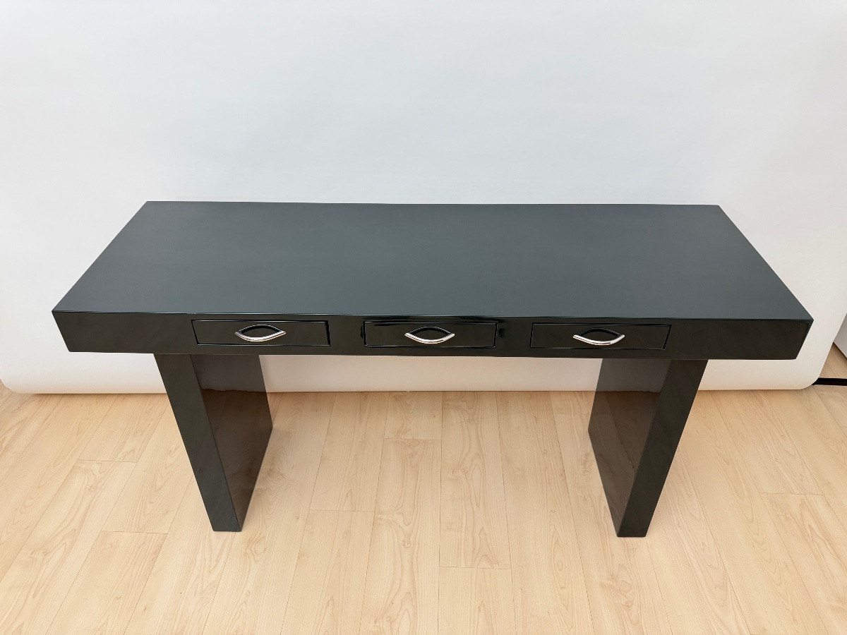 Designer Console Table, Green Lacquer, Walnut, Chrome, Italy, Circa 1970-photo-7