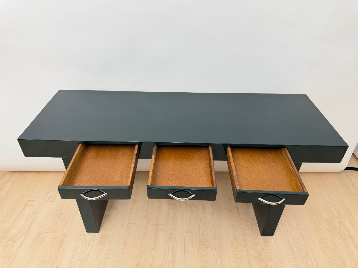 Designer Console Table, Green Lacquer, Walnut, Chrome, Italy, Circa 1970-photo-8