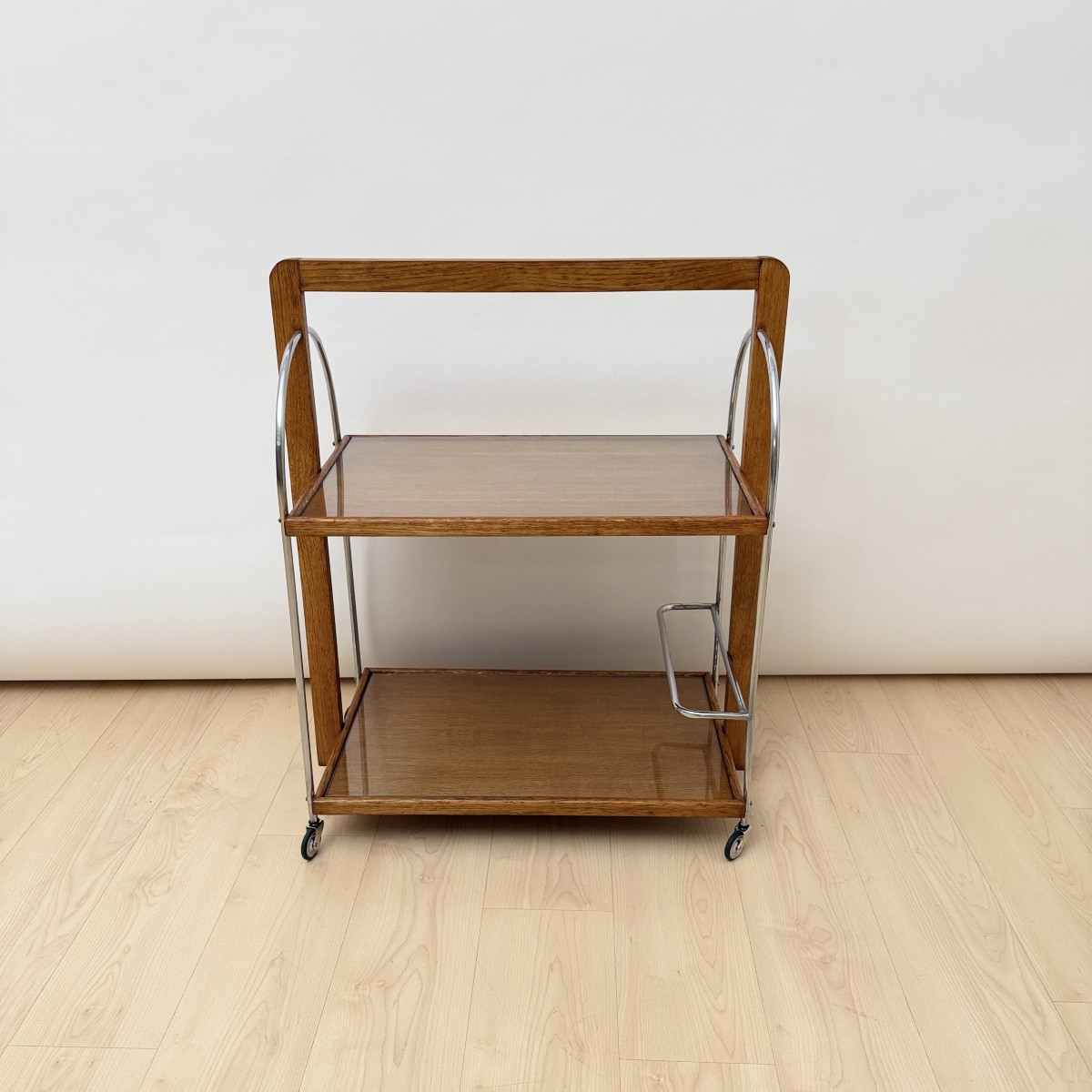 Art Deco Oak And Chrome-plated Metal Serving Trolley, France, Circa 1930-photo-2