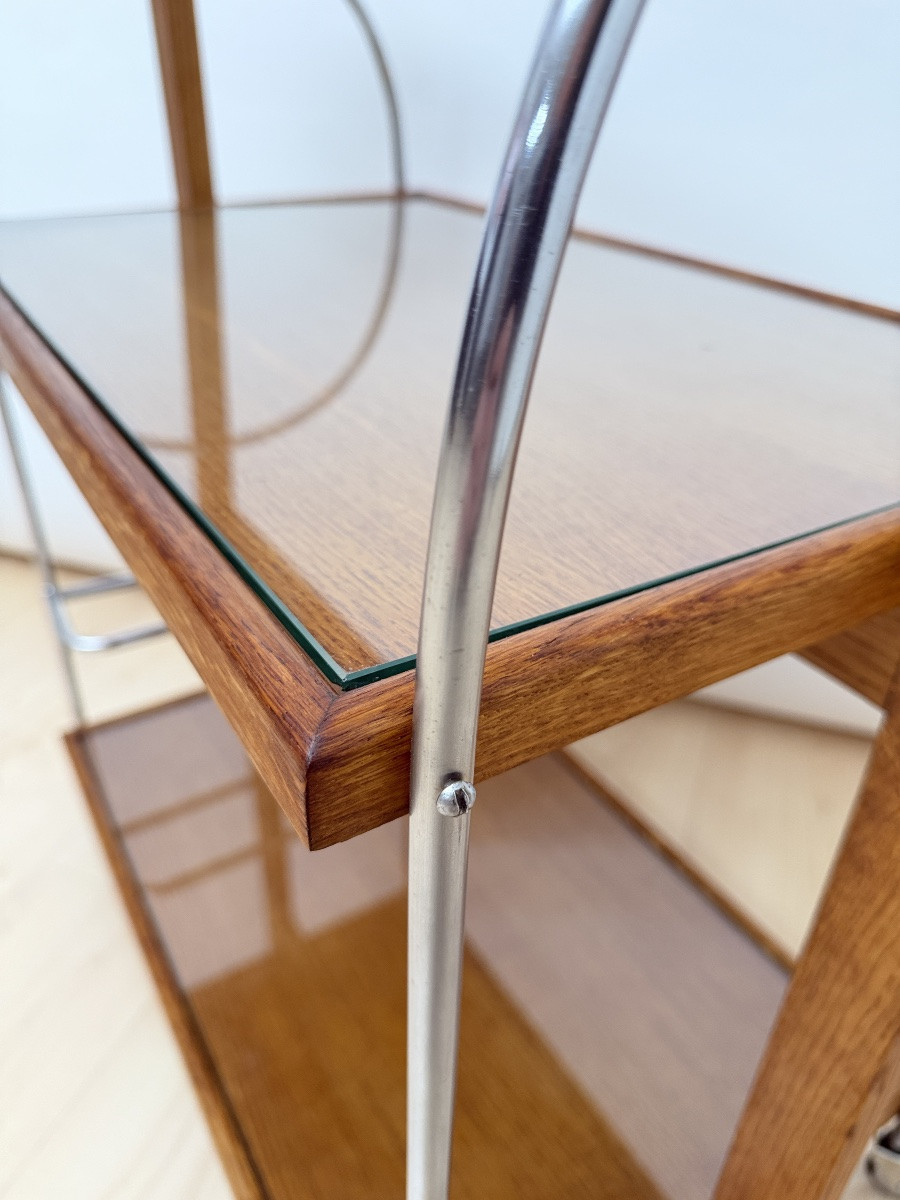 Art Deco Oak And Chrome-plated Metal Serving Trolley, France, Circa 1930-photo-3