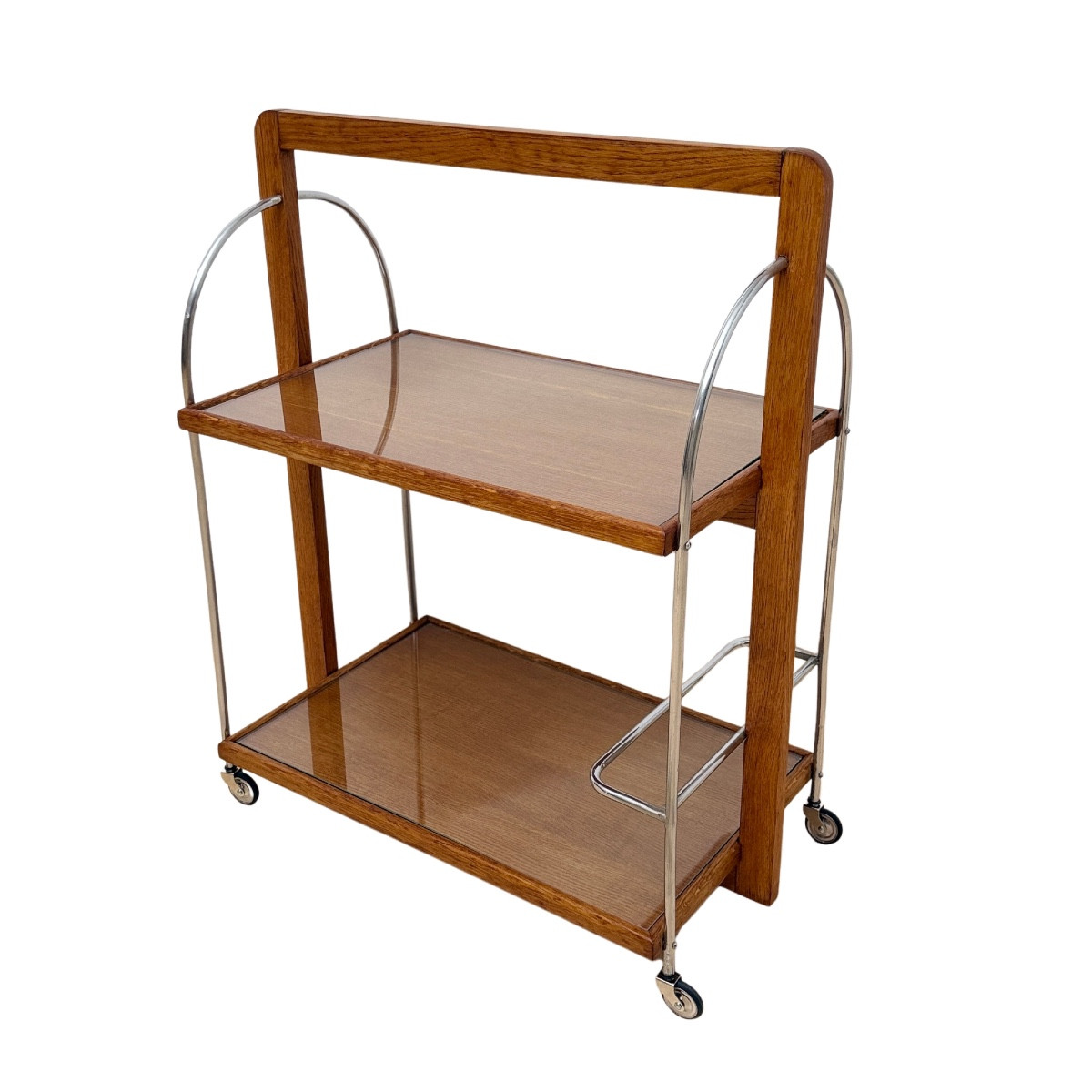 Art Deco Oak And Chrome-plated Metal Serving Trolley, France, Circa 1930