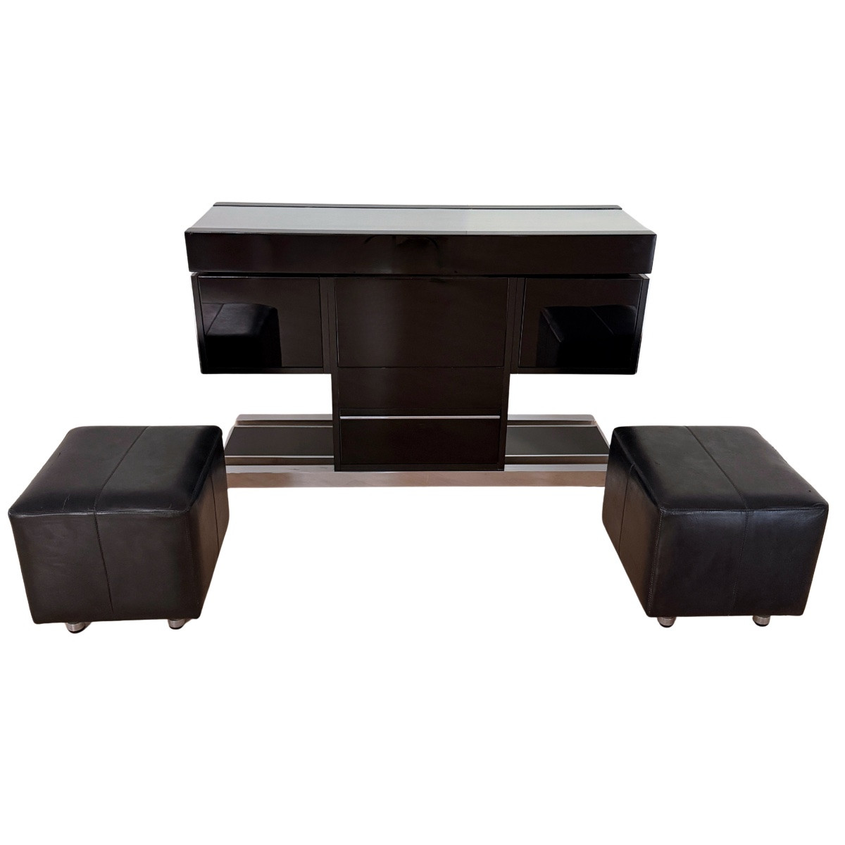 Willy Rizzo Dry Bar With Stools, Black Lacquer And Chrome, Italy, Circa 1970-photo-3