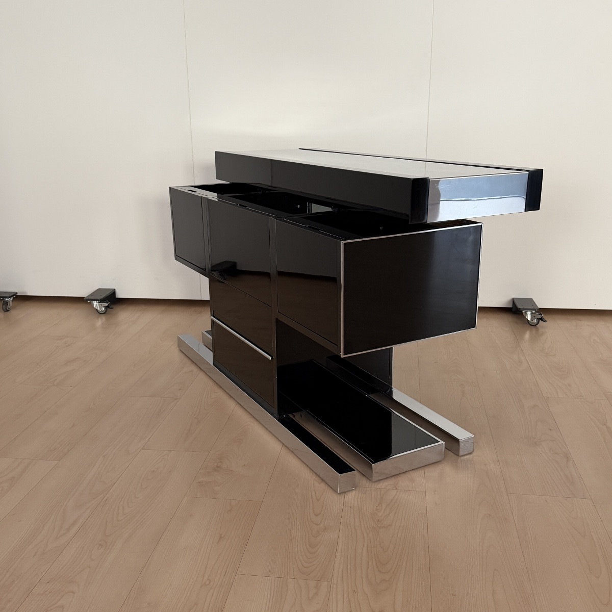 Willy Rizzo Dry Bar With Stools, Black Lacquer And Chrome, Italy, Circa 1970-photo-2