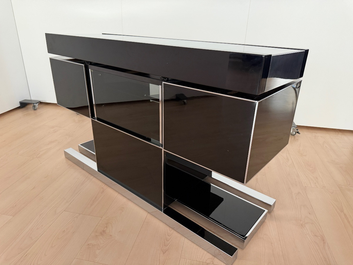Willy Rizzo Dry Bar With Stools, Black Lacquer And Chrome, Italy, Circa 1970-photo-8