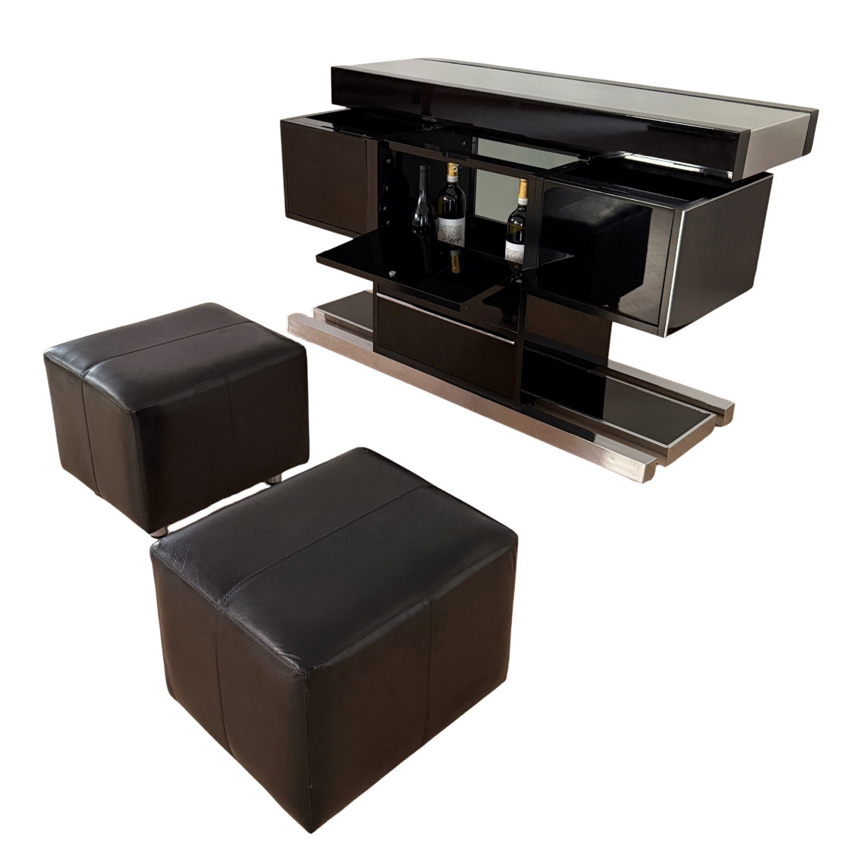 Willy Rizzo Dry Bar With Stools, Black Lacquer And Chrome, Italy, Circa 1970