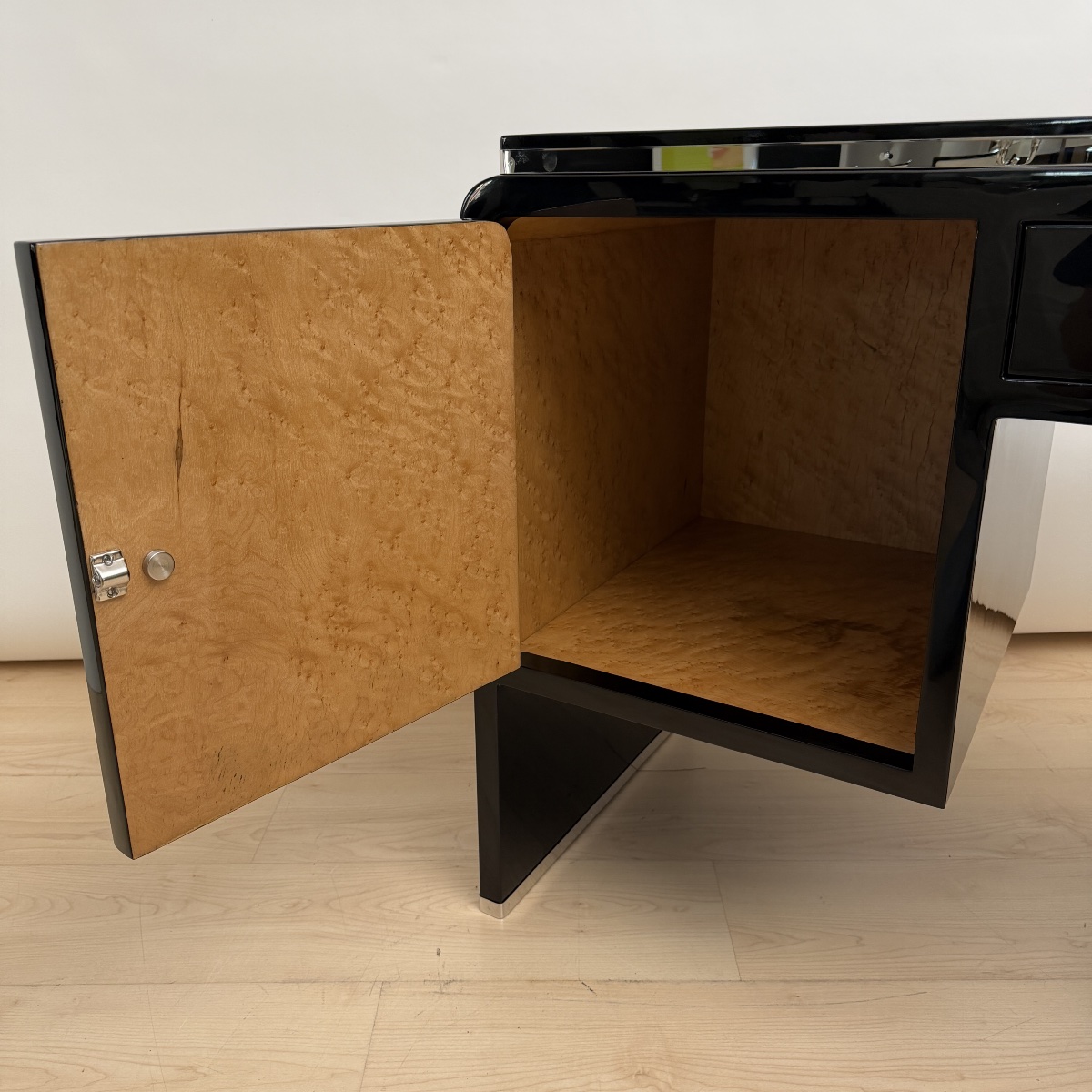 Small Art Deco Desk, Black Lacquer, Nickel, Mottled Maple, France, Circa 1930-photo-1
