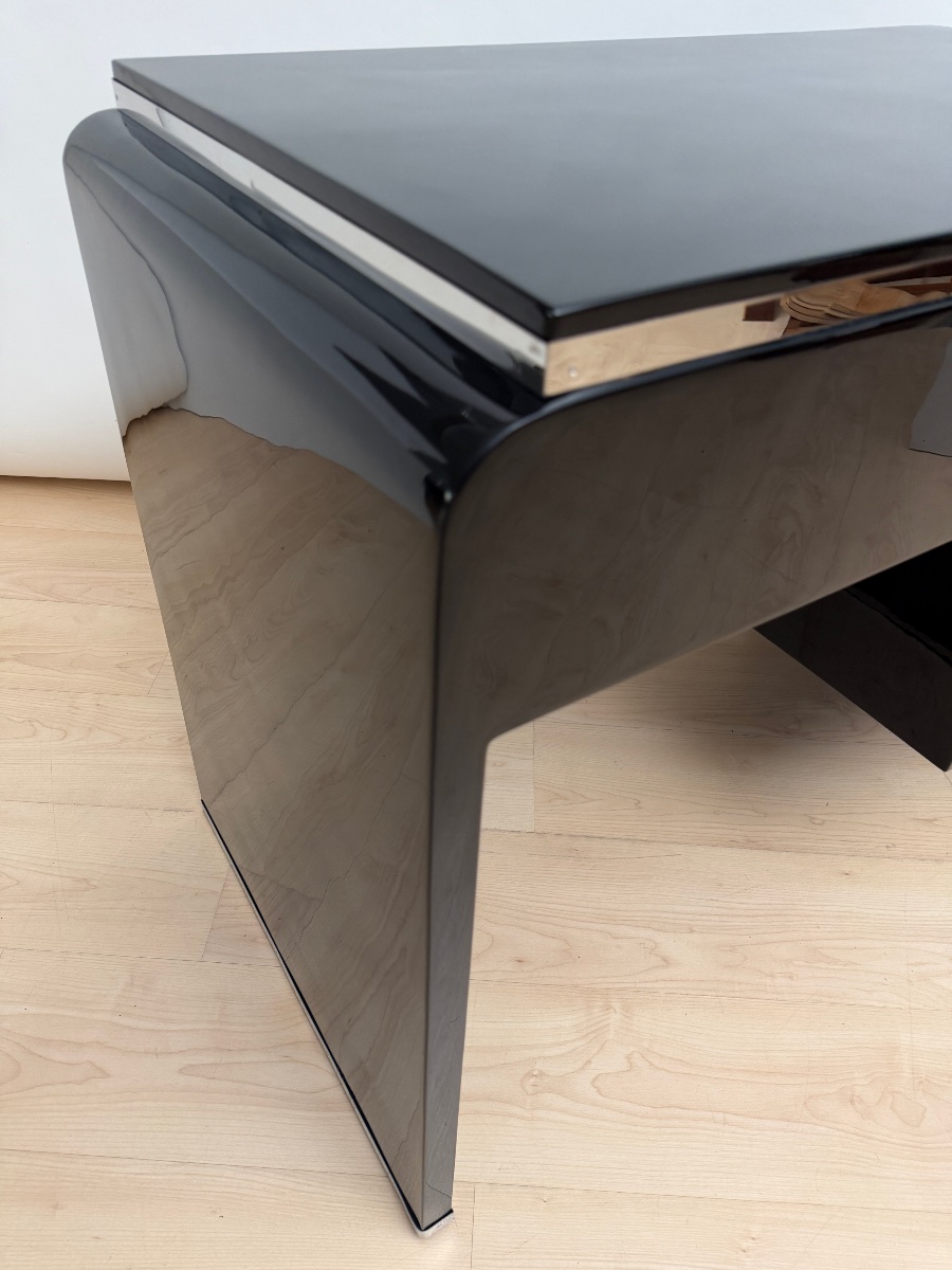 Small Art Deco Desk, Black Lacquer, Nickel, Mottled Maple, France, Circa 1930-photo-4