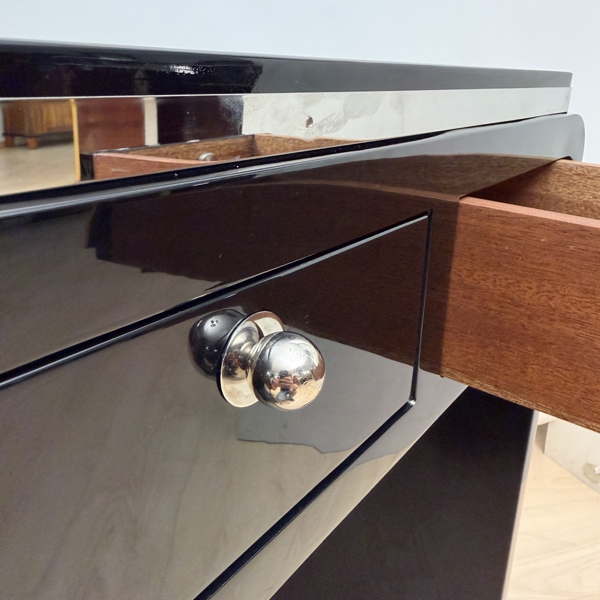 Small Art Deco Desk, Black Lacquer, Nickel, Mottled Maple, France, Circa 1930-photo-6